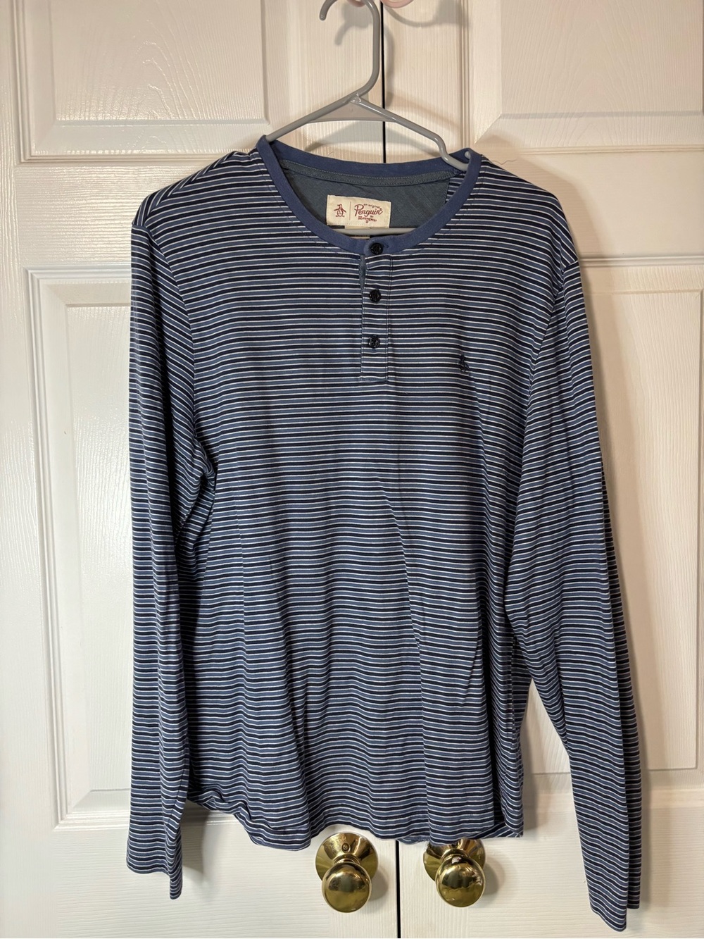Original Penguin Blue and White Striped Long Sleeve Henley Sz L EUC